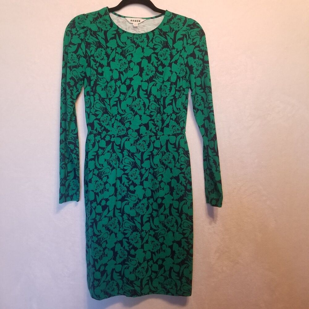 Boden 6R Dress Green Navy Floral Cotton Sheath Pockets Office Workwear Commuter